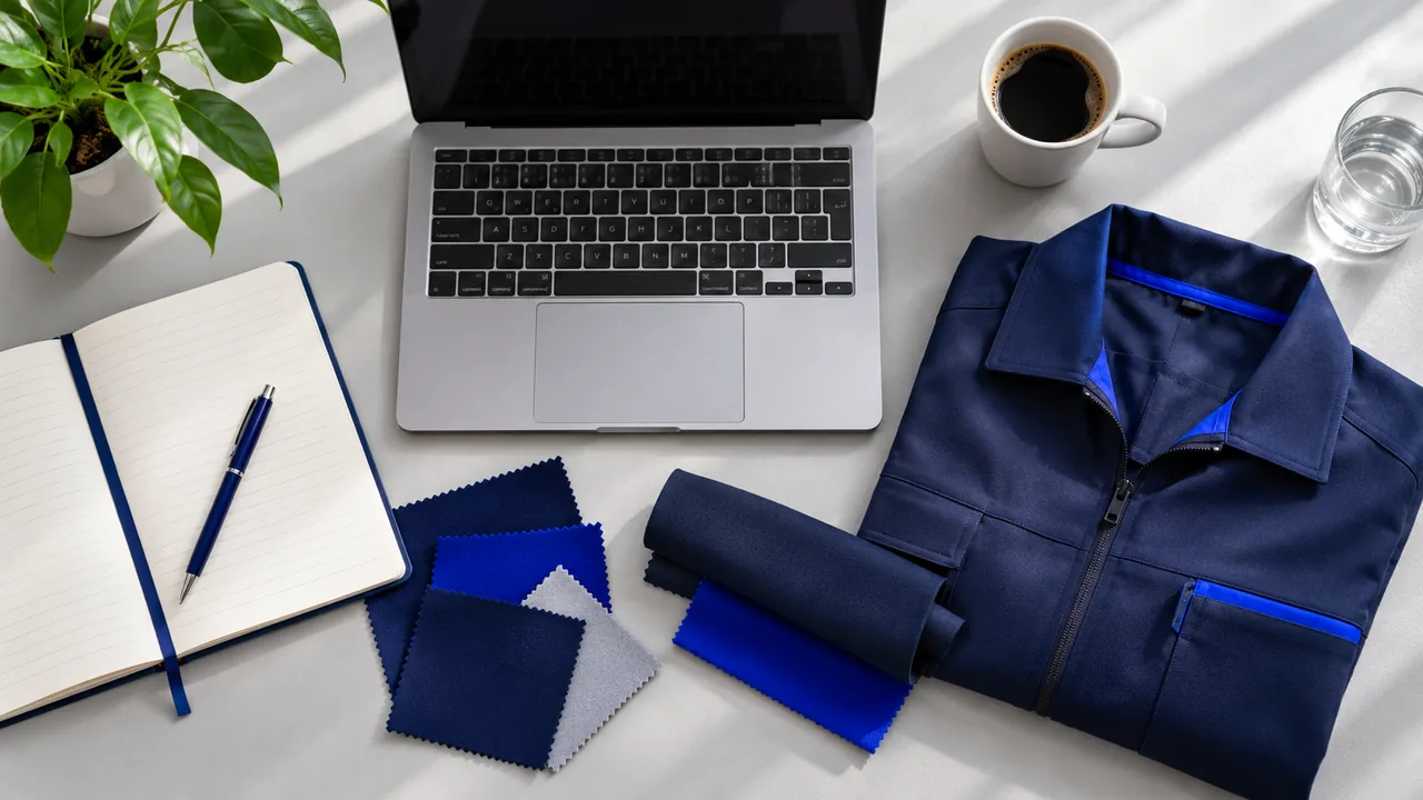 Schreibtisch mit Laptop und Uniformmustern